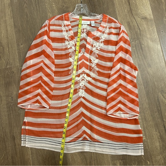 Chico’s large (2), orange/peachy, white embroidery, and black stripes at edge - Picture 6 of 7